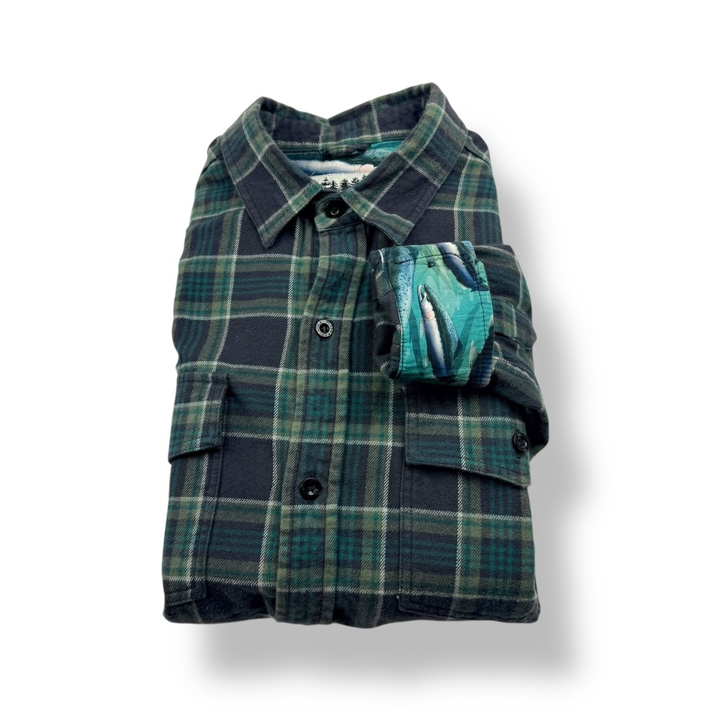 Pladra Men Flannel Shirt Green Plaid Fish Print Cuff Long Sleeve USA Made Size M